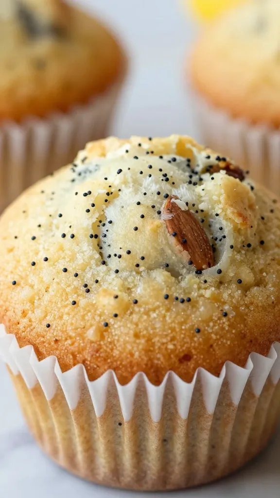 Almond Flour Lemon Poppy Seed Muffins Sunshine Smash 4 closeup of a single almond flour lemon poppy seed muffin in a white liner
