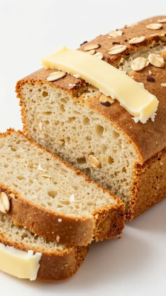 Oat Yogurt Sandwich Bread Recipe: Cozy Elites 4 closeup of soft oat yogurt loaf sliced, buttered edge