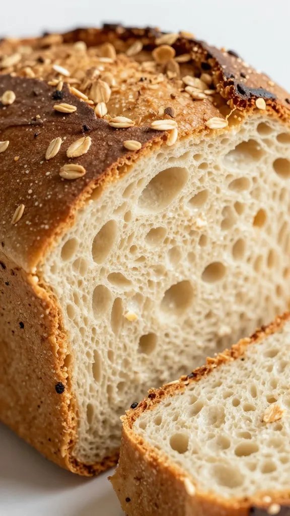 Oat Yogurt Sandwich Bread Recipe: Cozy Elites 5 closeup of airy crumb of oat yogurt bread, shallow depth of field