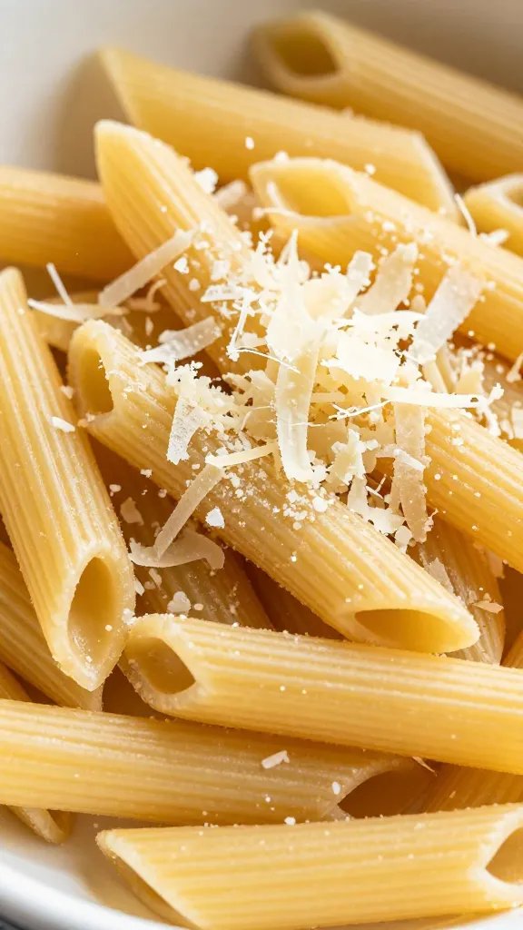 Tomato Basil Penne Recipe: Weeknight Win 5 Closeup of grated Parmesan shavings over penne pasta bowl