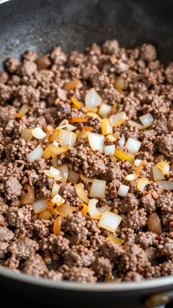 Beef Taco Skillet Recipe: One-Pan Flavor Hit 3 closeup of sizzling ground beef in skillet with diced onion