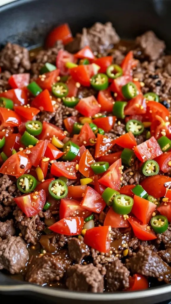 Beef Taco Skillet Recipe: One-Pan Flavor Hit 5 closeup of tomato-and-green-chile diced topping atop beef skillet