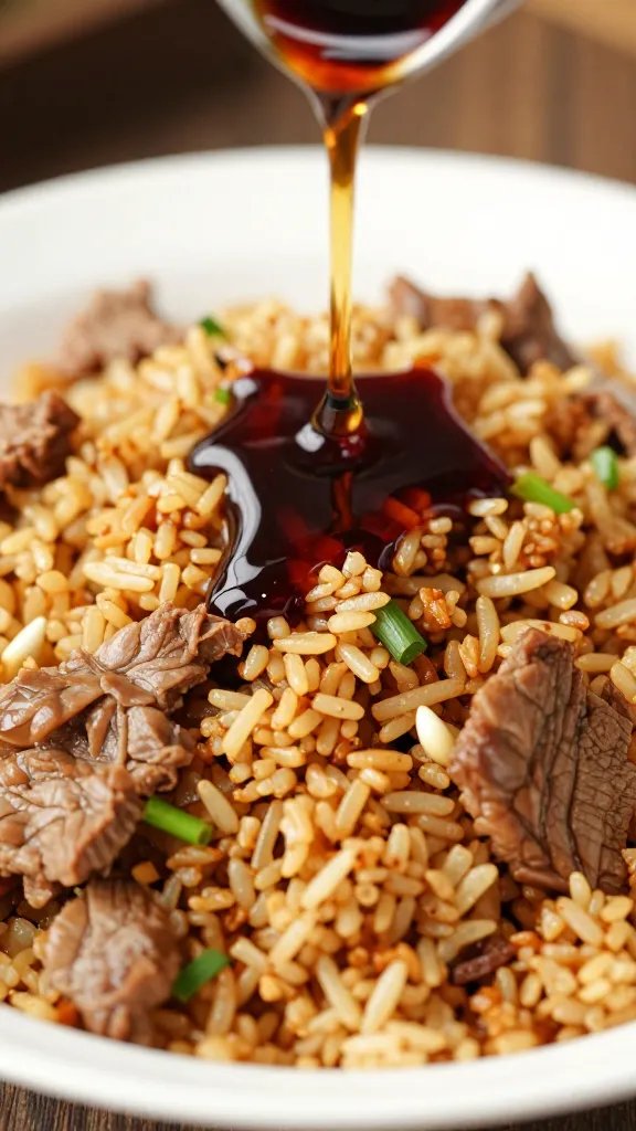 Beef Fried Rice Recipe: Weeknight Winner 5 Closeup of garlic and soy sauce drizzle over beef fried rice plate