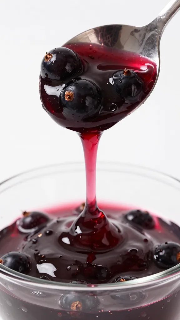Blackcurrant Jelly Recipe: Quick, Bright and Irresistible 4 Closeup of spoon dripping vibrant blackcurrant jelly onto clear glass surface