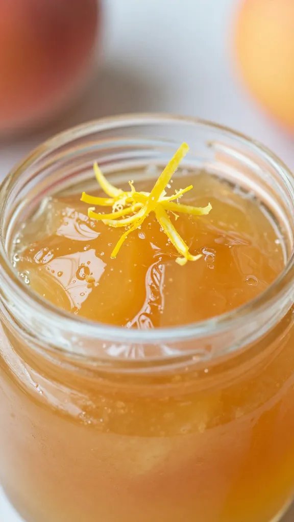 Peach Jelly Recipe: Sunshine in a Jar 5 Closeup of delicate lemon zest atop peach jelly in a clear glass jar