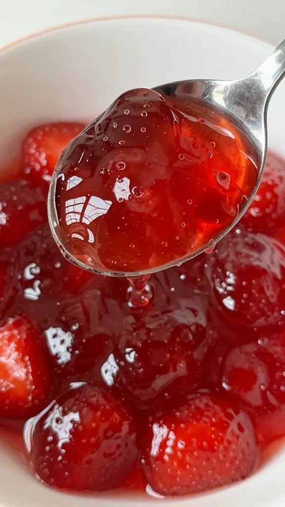 Strawberry Jelly Recipe: Quick Summer Shockers 4 single spoon dipping into bright strawberry jelly, focus on texture