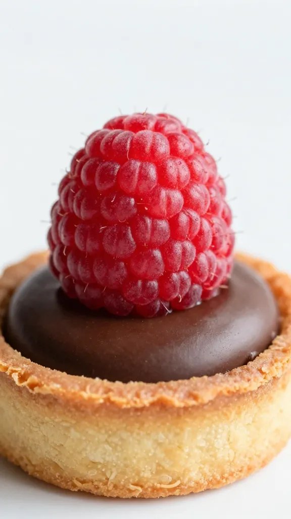 Raspberry Chocolate Ganache Tartlets: Wow in 6 Steps 5 closeup of a single raspberry-topped chocolate ganache tartlet