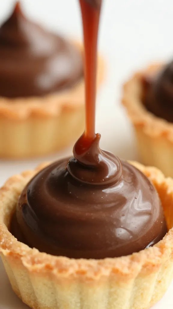 Raspberry Chocolate Ganache Tartlets: Wow in 6 Steps 4 closeup of glossy ganache pour on one tartlet, macro shot