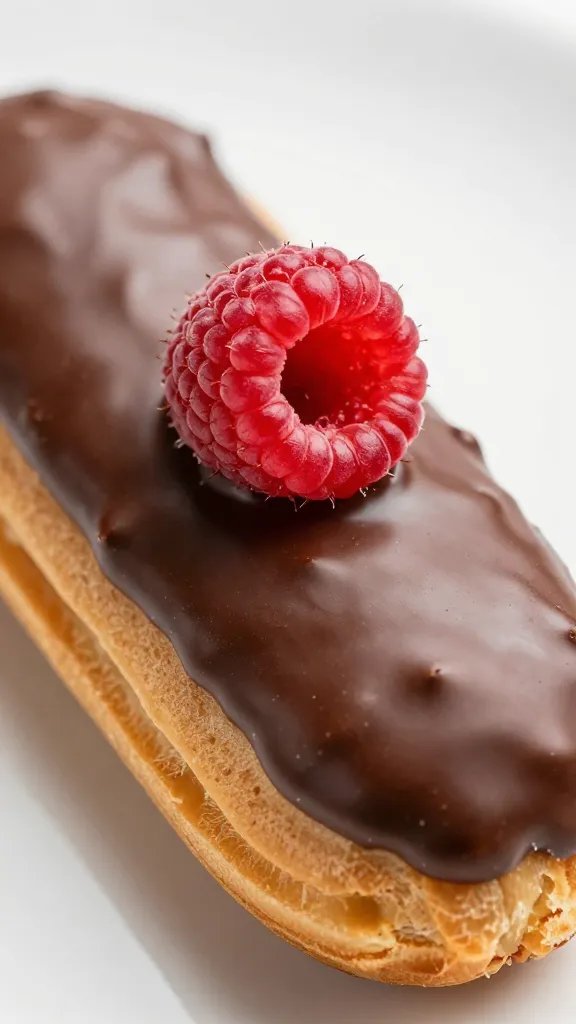 Raspberry Eclairs Recipe: Fancy Yet Foolproof Treat 4 Closeup of a shiny chocolate glaze over a single raspberry éclair