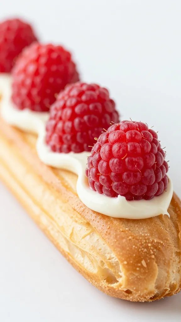 Raspberry Eclairs Recipe: Fancy Yet Foolproof Treat 5 Closeup of a single raspberry filling piped into éclairs, in focus