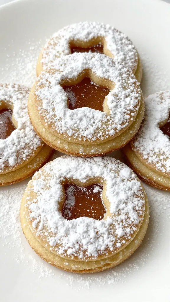 Raspberry Almond Linzer Cookies: Quick Elegant Bite 4 closeup of powdered sugar dusted linzer cookie on white plate