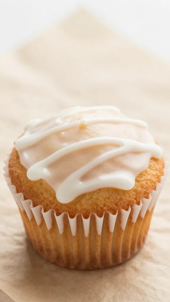 Coconut Flour Vanilla Cupcakes: Cloudy Gluten-Free Delight 4 Closeup of a single cupcake with glaze drizzle on parchment