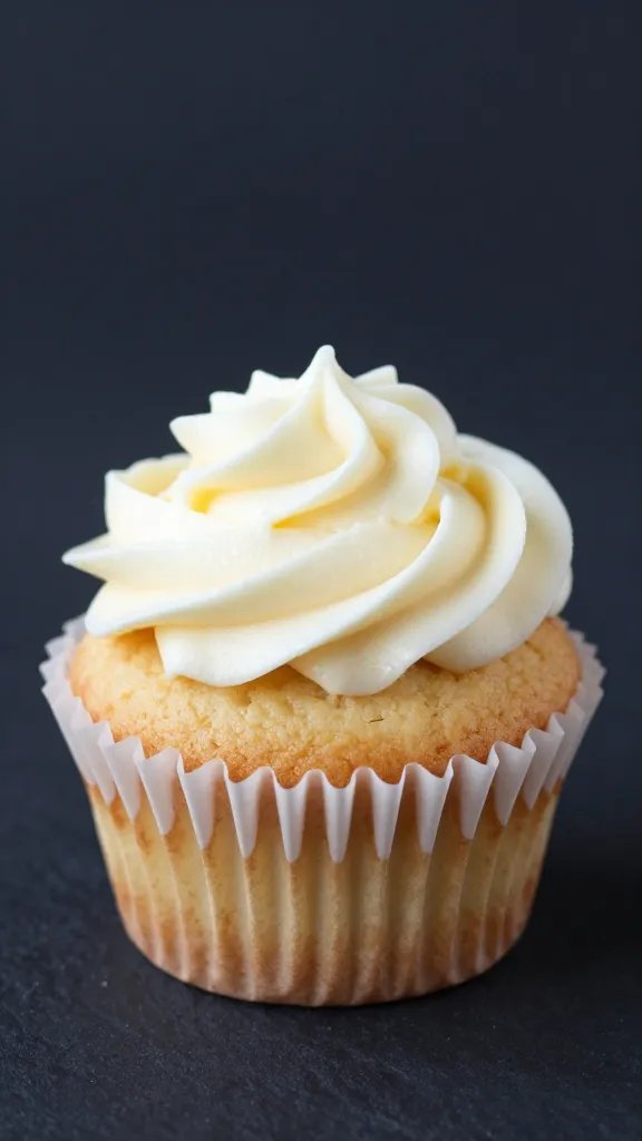 Coconut Flour Vanilla Cupcakes: Cloudy Gluten-Free Delight 5 Closeup of a single vanilla cupcake still in paper liner on dark background