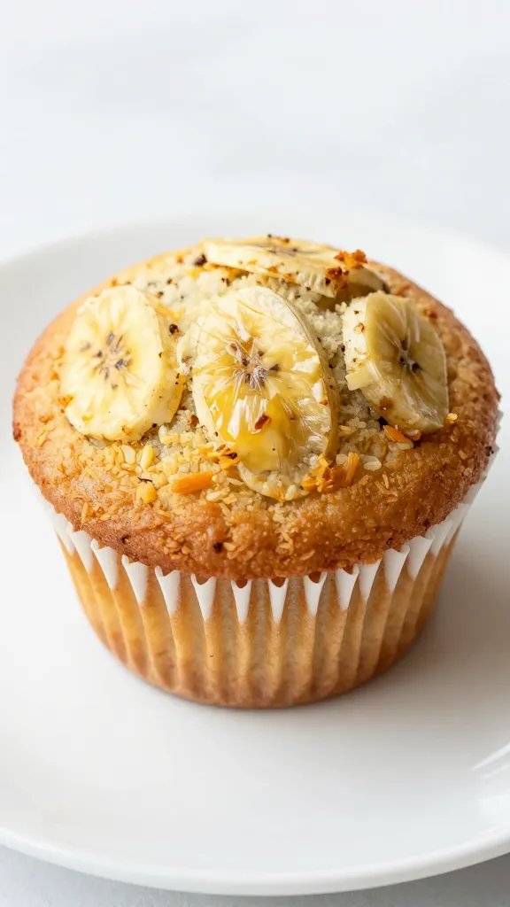 Coconut Flour Banana Muffins: Tropical Mood Boost 4 closeup of a single coconut flour banana muffin on a white plate