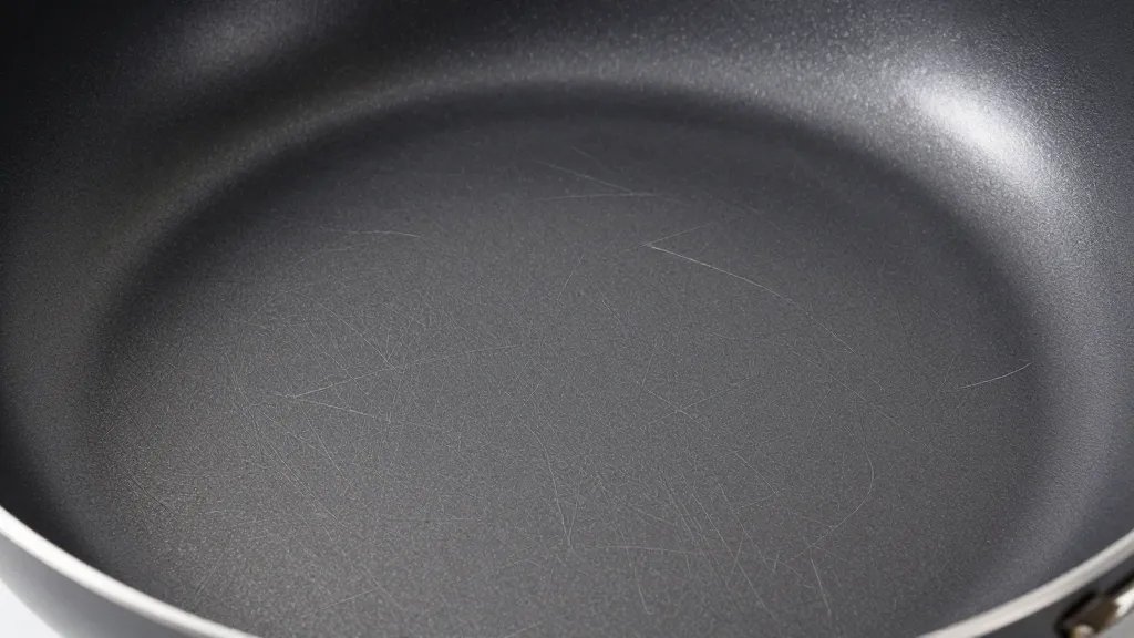 How to Fix Scratched Non Stick Pan in 5 Simple Steps 2 Closeup of a scratched nonstick pan surface under bright studio light