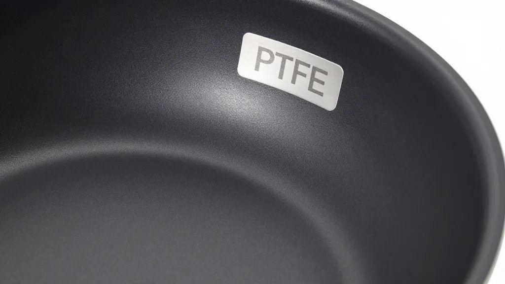 How to Fix Scratched Non Stick Pan in 5 Simple Steps 4 Closeup of ceramic vs PTFE nonstick label on pan rim