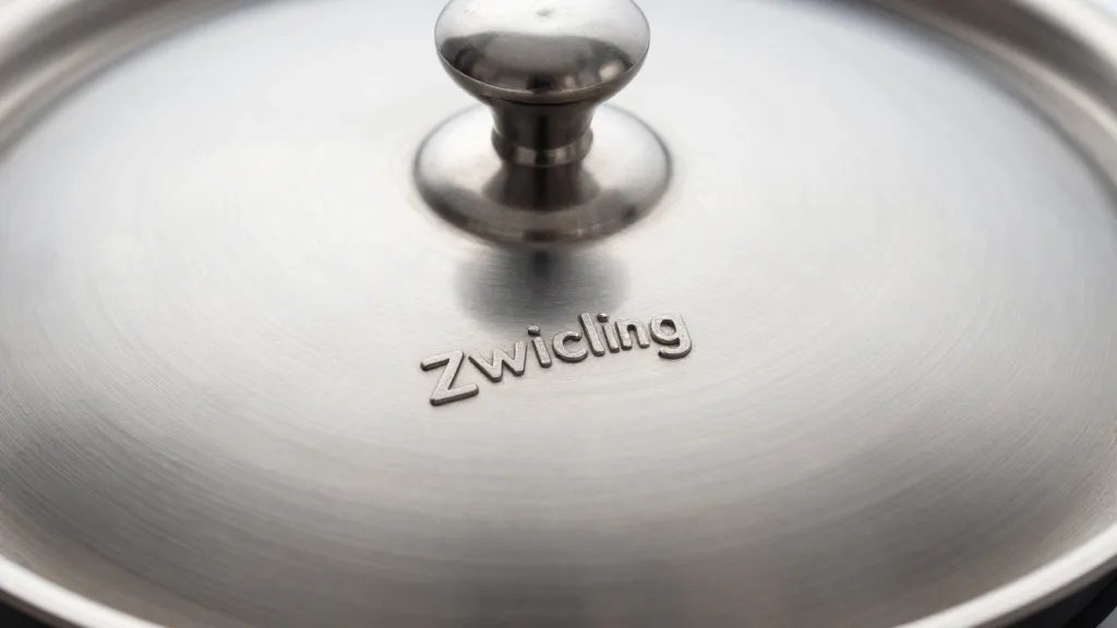 Zwilling vs All-Clad: Which Cookware Brand Wins in 2026? 4 Macro shot of Zwilling logo on stainless steel pan lid