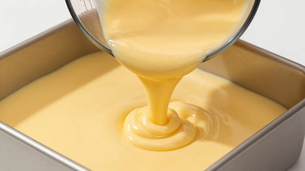 How Many Quarts Is a 9x13 Pan? Quick Bake Truth 4 Closeup of a measuring cup pouring thick batter into 9x13 pan