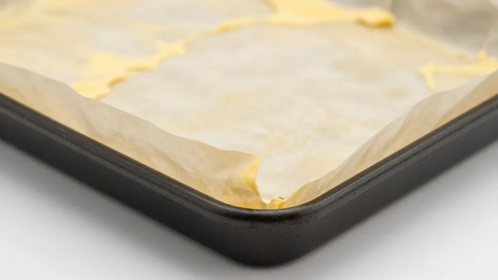 How to Keep Cake From Sticking to Pan Without Tears and Tears 5 Closeup of parchment-lined pan edge with buttered coating visible underneath