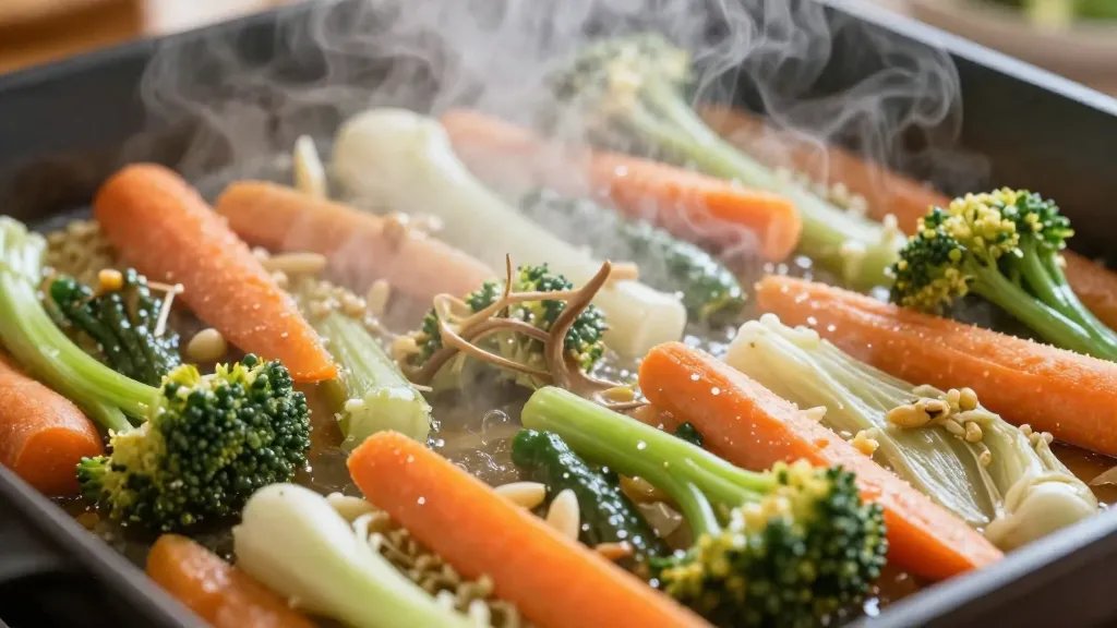 Sheet Pan Vs Cookie Sheet: the Quick Hack for Perfect Bakes 4 closeup of a sheet pan trapped heat steam over veggies