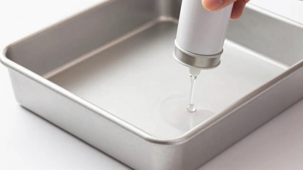 How to Prepare a Cake Pan for Perfect Cakes 5 Closeup of pan prep scene: spritzed baking spray on square pan corners