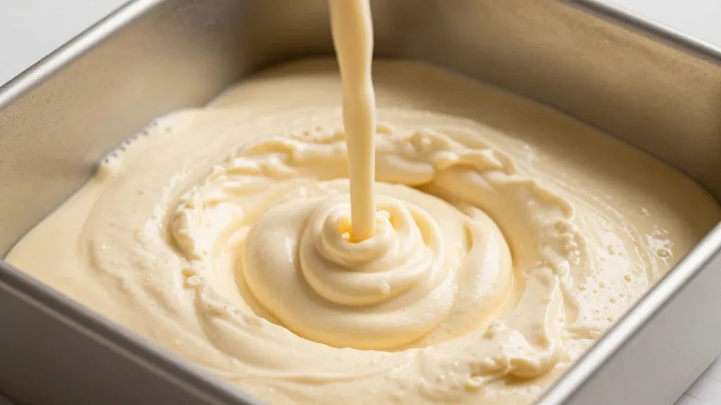 How Many Quarts in 8x8 Pan? Quick Bake Truths 6 closeup of whisked batter poured into an 8x8 pan edge view