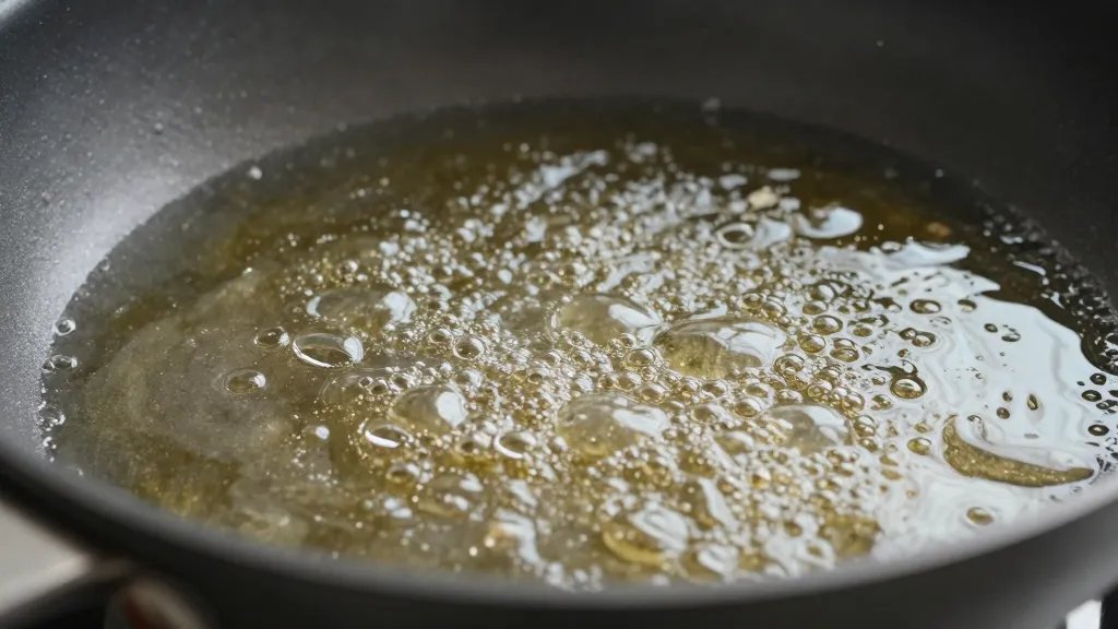 Can You Deep Fry in Nonstick Pan? Yes—Here’S How 3 Closeup of hot oil shimmering in a nonstick pan, gentle fry