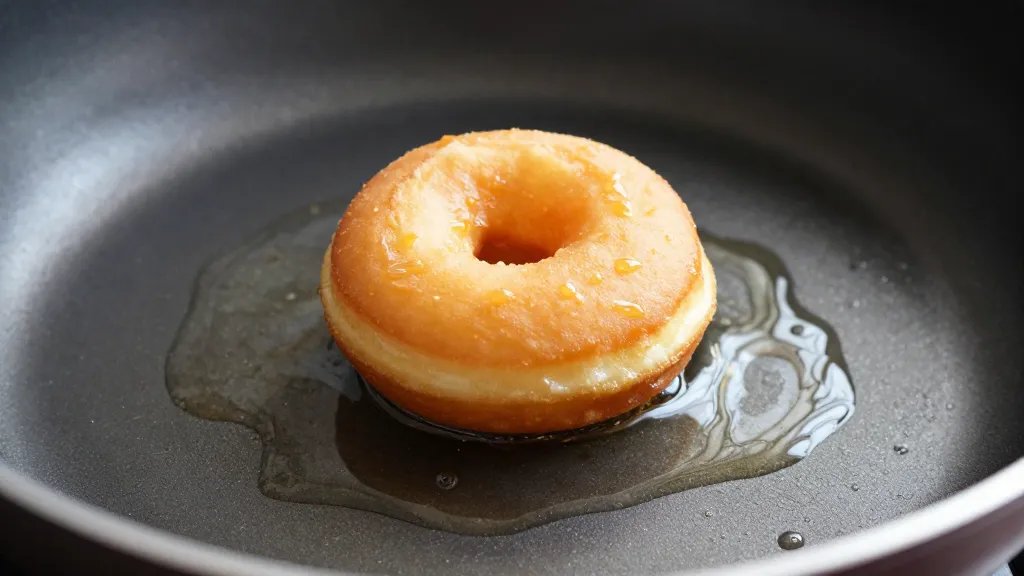 Can You Deep Fry in Nonstick Pan? Yes—Here’S How 4 Closeup of fried doughnut bite resting in oil in nonstick pan