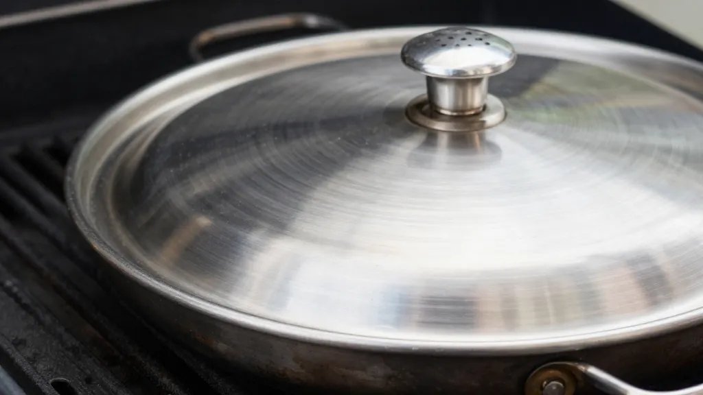 Can You Put a Pan on a Grill: Yes, and How to Do It Right 3 closeup of stainless steel skillet lid resting beside a grill