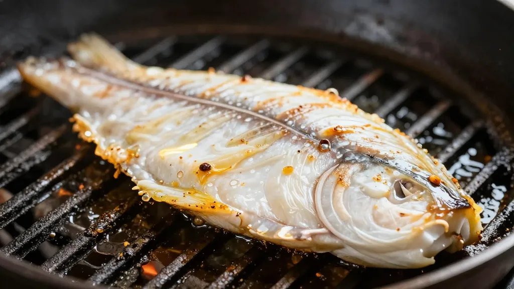 Can You Put a Pan on a Grill: Yes, and How to Do It Right 4 closeup of a sizzling fish fillet in a skillet on a grill
