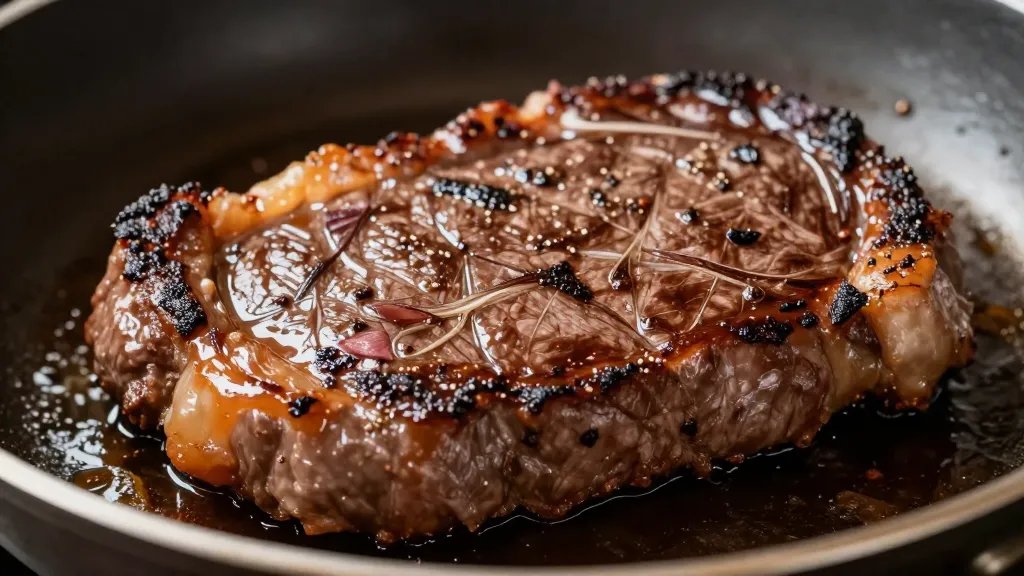 What Is Pan Seared: Crunchy Inside, Juicy Outside 2 closeup of sizzling steak crust forming in hot pan