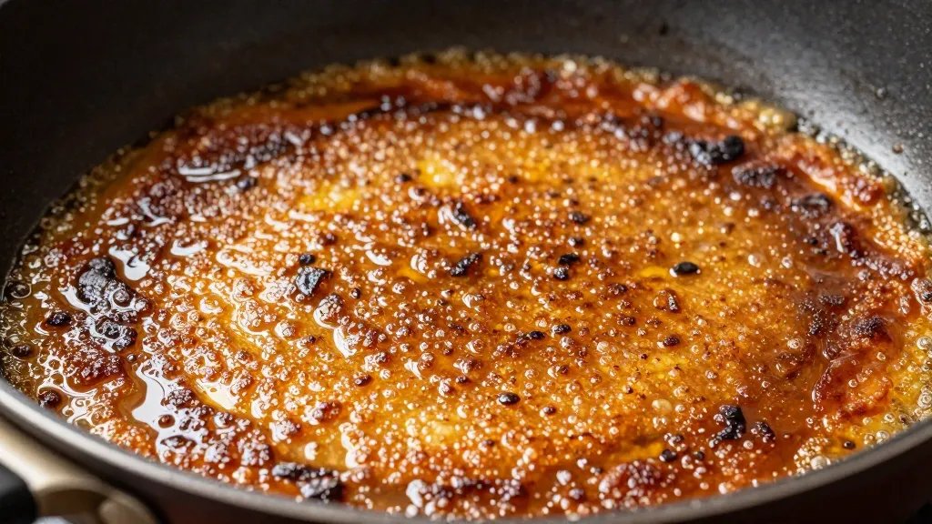 What Is Pan Seared: Crunchy Inside, Juicy Outside 5 single skillet with caramelized crusted surface closeup, oil shimmer