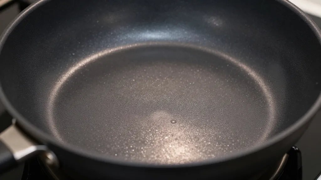 What Is a Dark or Coated Pan? Unveil the Secret to Perfect Searing 5 Closeup of nonstick coating reflecting stovetop glow