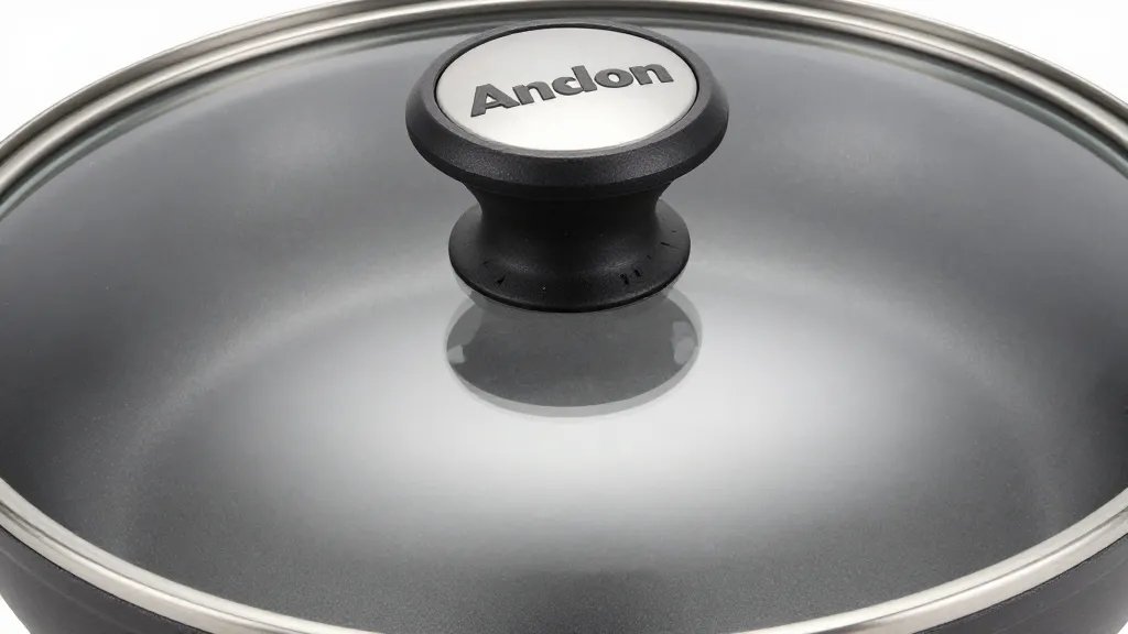 Anolon Vs Calphalon: Which Nonstick Wins? 4 Close-up of Anolon logo on sleek nonstick cookware lid