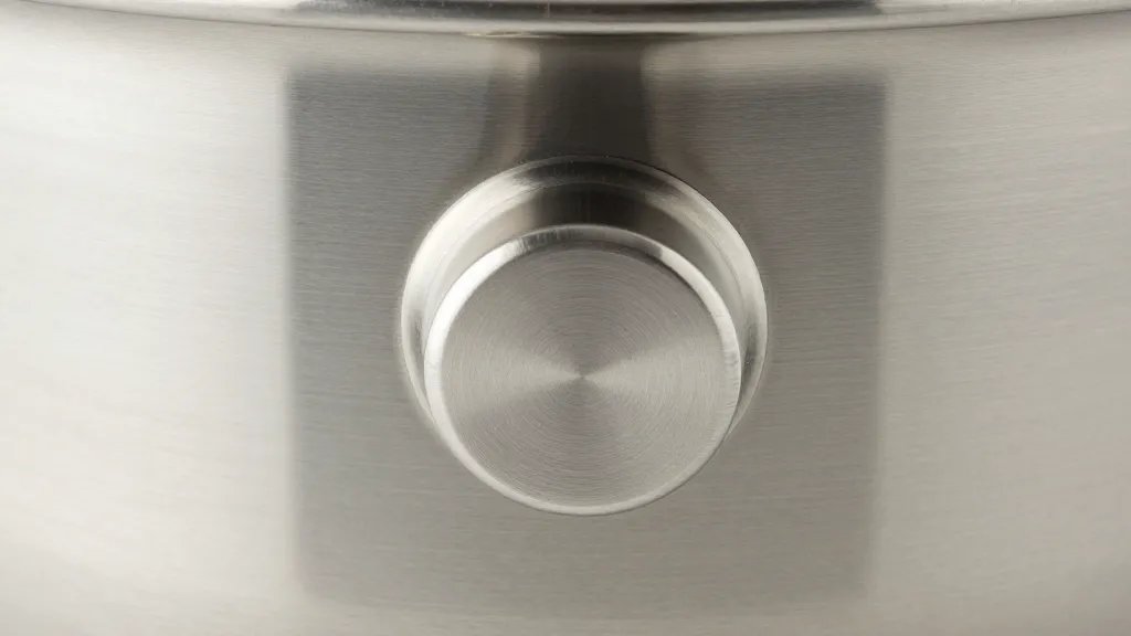 Hard Anodized Vs Stainless Steel: Which Wins? 5 Closeup of stainless steel cookware knob and brushed finish texture