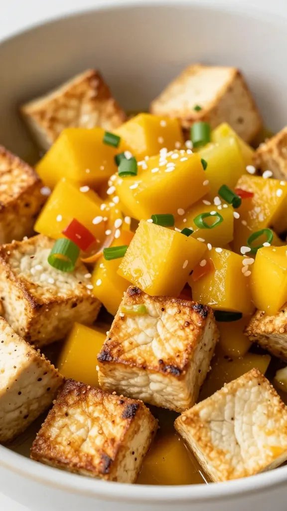 High-Protein Vegan Mexican Bowls: Flavor Packed & Protein Rich 4 Closeup of roasted tofu cubes with mango salsa in a vibrant vegan bowl