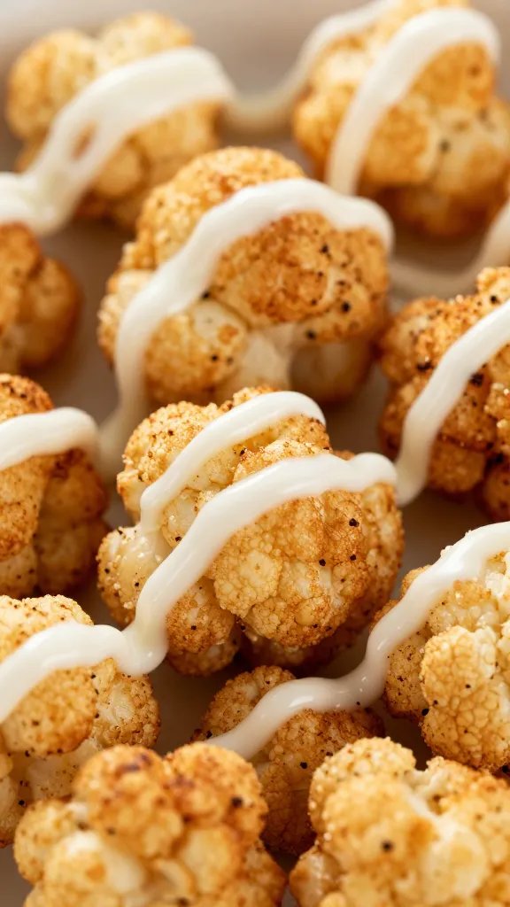 Healthy Mexican Cauliflower Tacos: Weeknight Fiesta 4 Closeup: lime-zing crema drizzle over crispy cauliflower bites