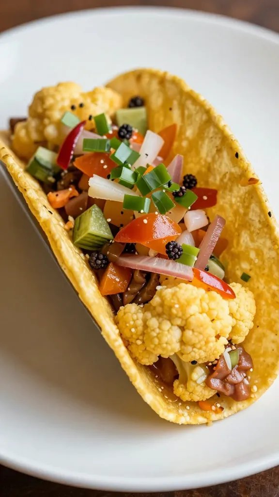 Healthy Mexican Cauliflower Tacos: Weeknight Fiesta 5 Closeup: single vibrant cauliflower taco with colorful toppings on plate