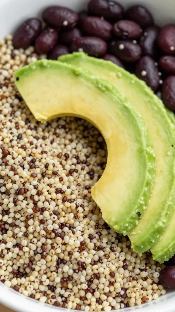 Vegan Mexican Buddha Bowl: Colorful Plant-Powered Bowlfest 3 closeup of quinoa and black bean bowl with avocado slice
