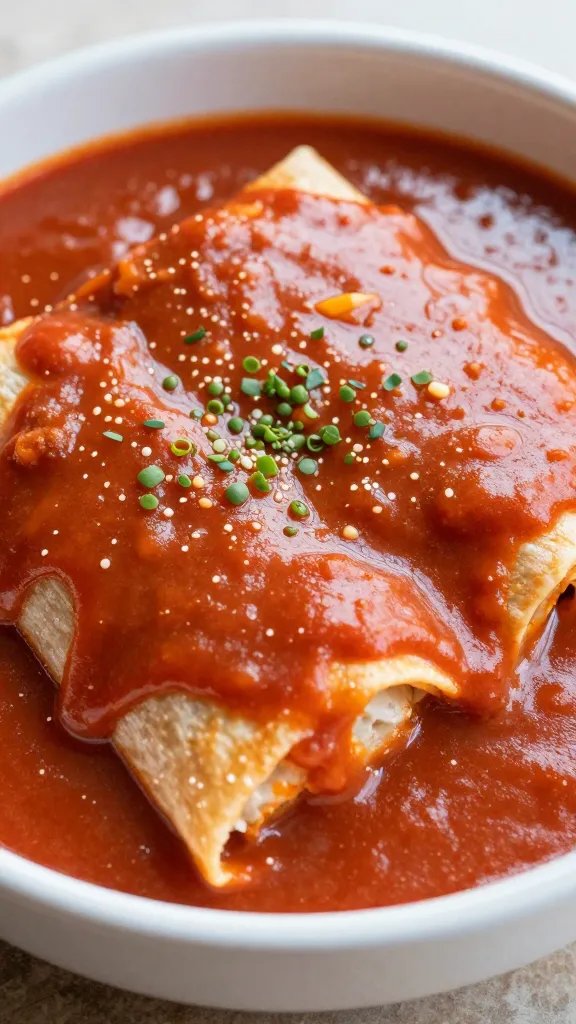 Baked Veggie Enchiladas: Cozy Weeknight Win 5 closeup of a single bowl of enchilada sauce with toppings reflection