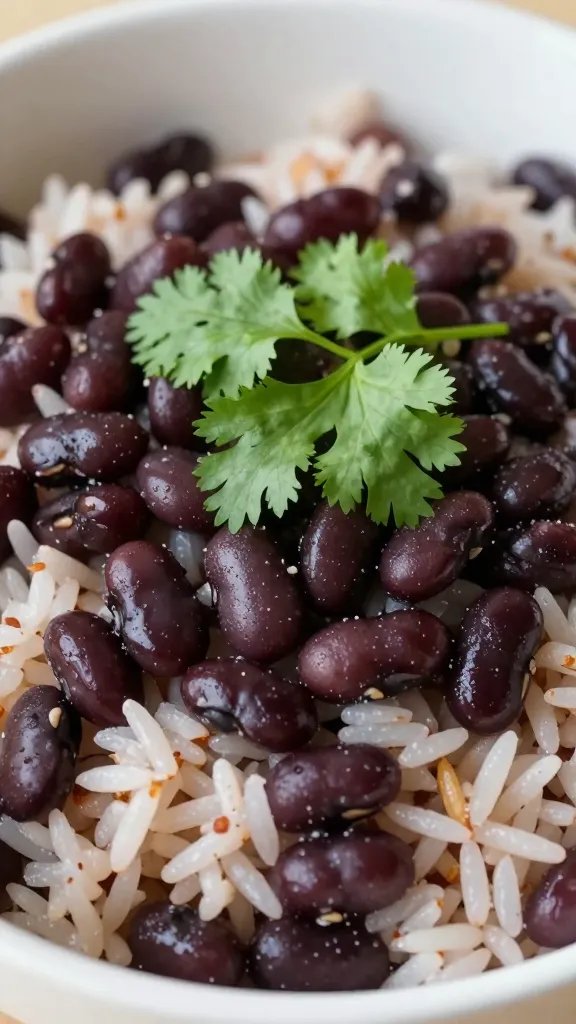Easy Bean and Rice Burrito Bowls: Weeknight Win 4 closeup of a single bowl of black beans and rice with cilantro garnish