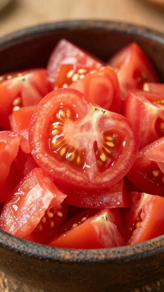 Easy Bean and Rice Burrito Bowls: Weeknight Win 5 closeup of a single diced tomato with exposed seeds on a rustic bowl