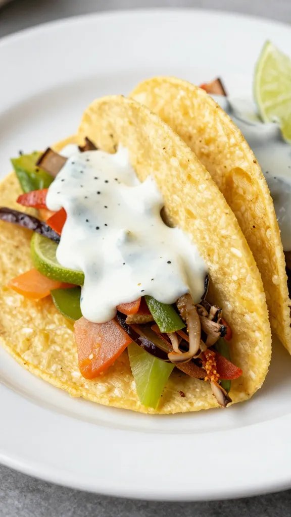 Loaded Veggie Tacos with Lime Sauce: Crunchy Freshness 3 Closeup of loaded veggie taco with lime sauce on pristine white plate