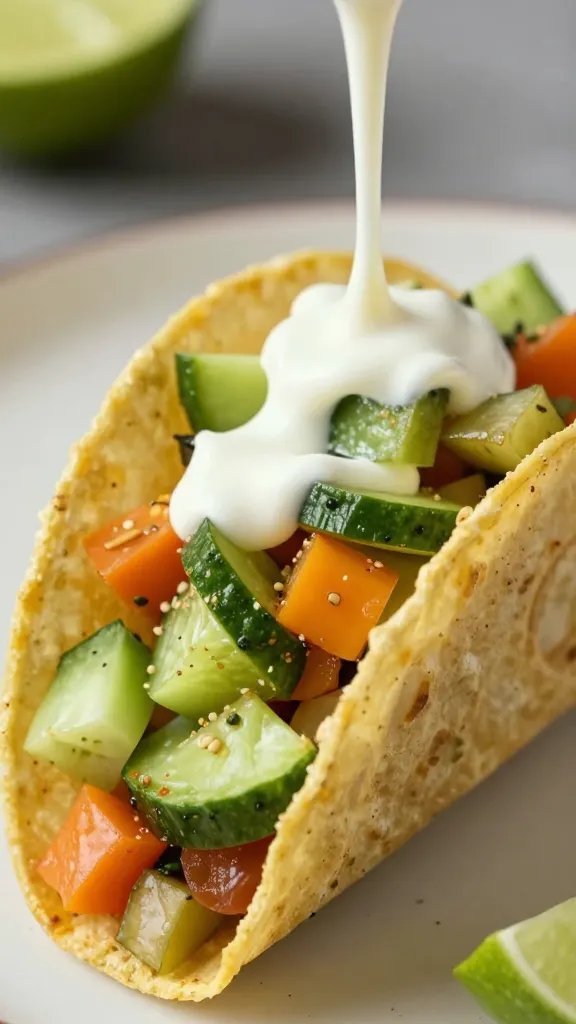 Loaded Veggie Tacos with Lime Sauce: Crunchy Freshness 4 Closeup of lime sauce drizzle over crisp veggie toppings in single taco