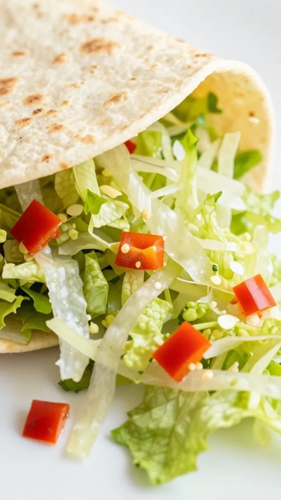 Loaded Veggie Tacos with Lime Sauce: Crunchy Freshness 5 Closeup of shredded lettuce and diced peppers spilling from tortilla