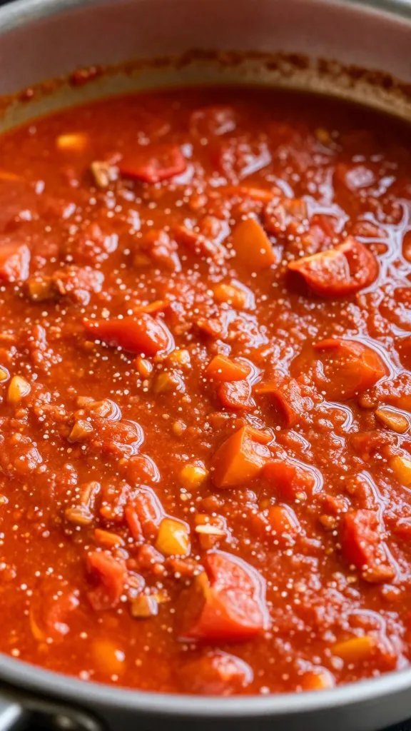Easy Homemade Marinara Sauce: Quick Weeknight Triumph 3 closeup of simmering marinara in a skillet, crushed tomatoes vivid orange-red