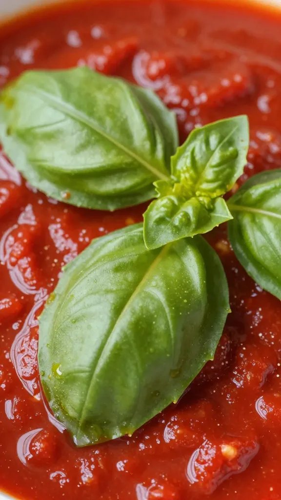 Easy Homemade Marinara Sauce: Quick Weeknight Triumph 5 closeup of torn fresh basil leaves resting on bright red marinara sauce