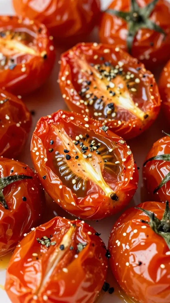 Low-Oil Italian Roasted Vegetables: Yum and Light 5 closeup of roasted cherry tomato cluster with garlic and oregano