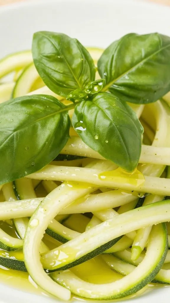 Zucchini Noodle Italian Primavera: Fresh Weeknight Win 5 closeup of torn basil leaves atop zucchini noodles with olive oil