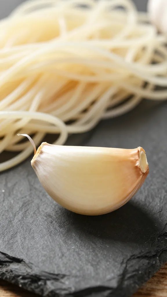 Lightened-Up Creamy Alfredo Pasta: Quick Comfort 5 closeup of a single garlic clove resting beside noodles on slate
